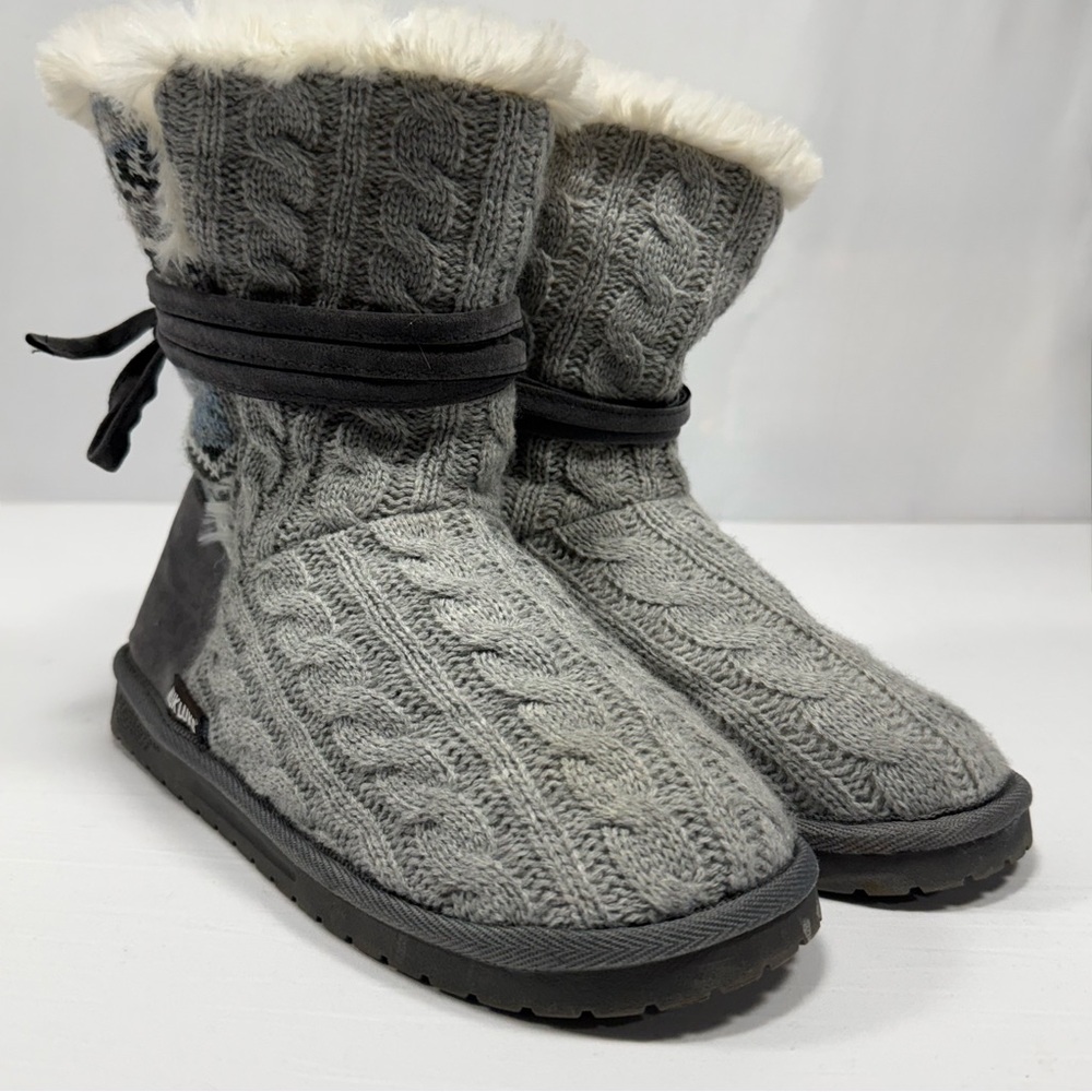 Cable Knit MUK LUKS Gray Faux Fur Suede Trim Winter Boots‎ Size 10